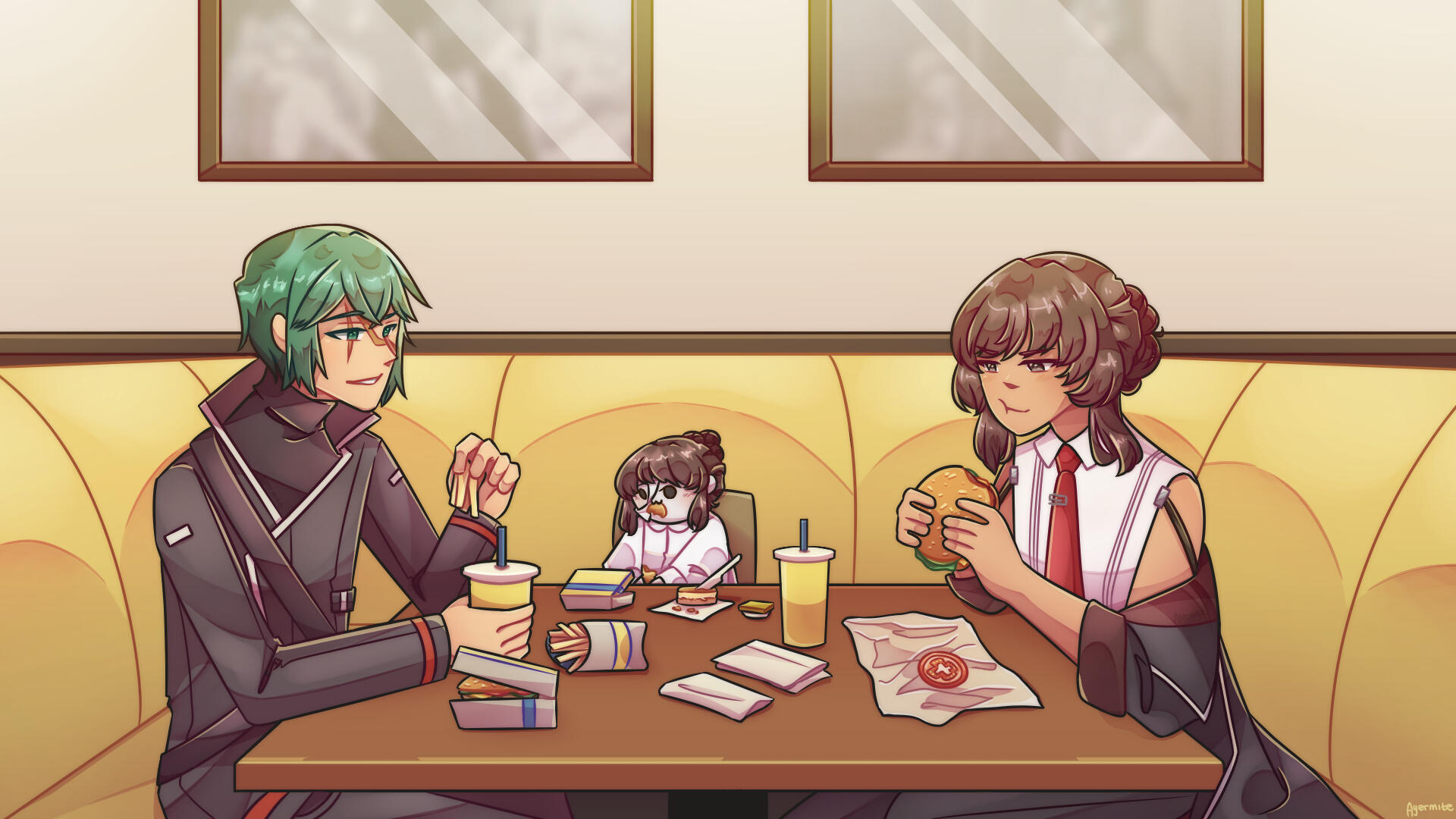 OC fast food restaurant scene Illustrated scene of two people and a sentient doll eating at a fast food restaurant.
