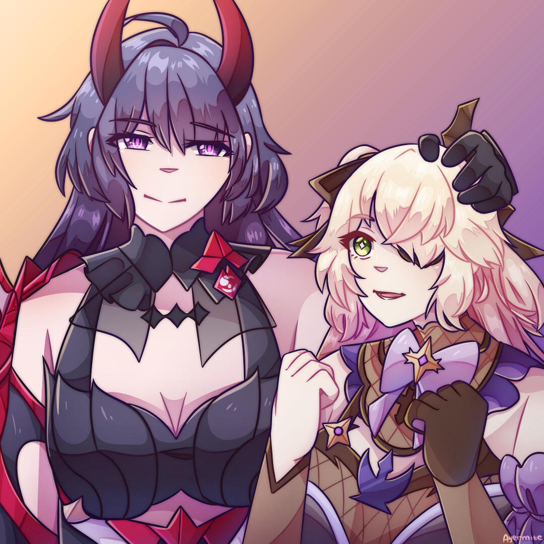 Raiden Mei and Fischl from Hoyoverse games Character illustration of Raiden Mei from Honaki Impact 3rd and Fischl from Genshin Impact.