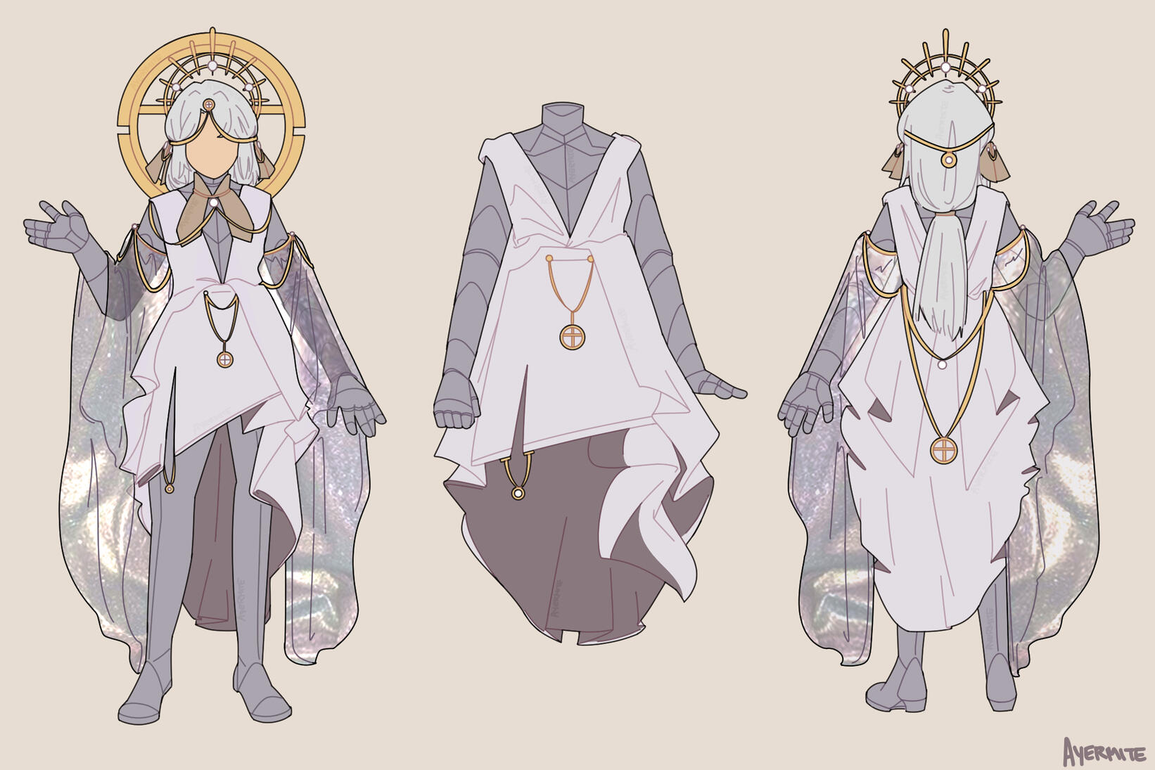 Outfit concept art Concept art of an original character featuring the front and back, as well as the dress and armour without the accessories.