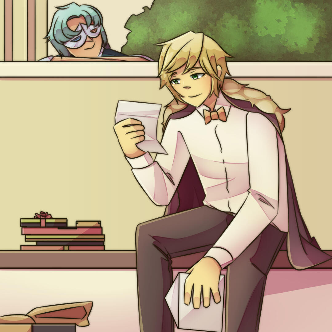 Leo reading fanmail with Gemini Illustrated scene of zodiac original characters opening fan gifts.