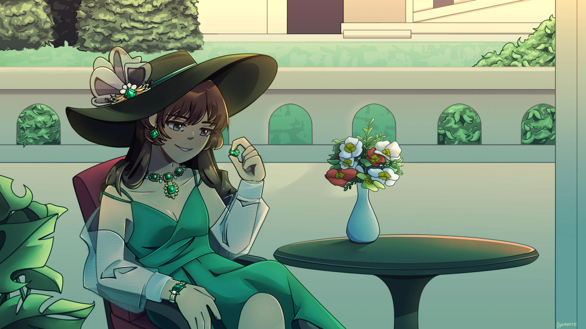 Aldebaran birthday piece Illustrated scene of a well-dressed woman relaxing at a terrace, inspecting an emerald.