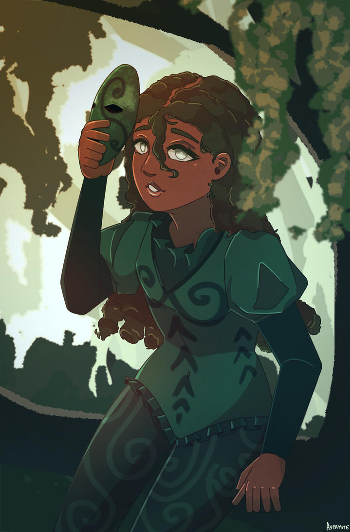Rahel by Matvii Illustrated scene of an original character sitting on a tree branch in a forested area, holding a mask.
