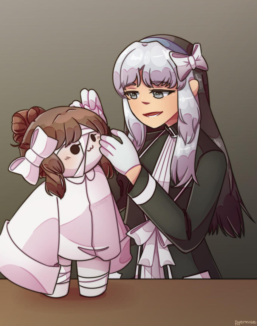 Doll and Aelia Illustration of a Project Moon original character interacting with a Lobotomy Corporation abnormality original character.
