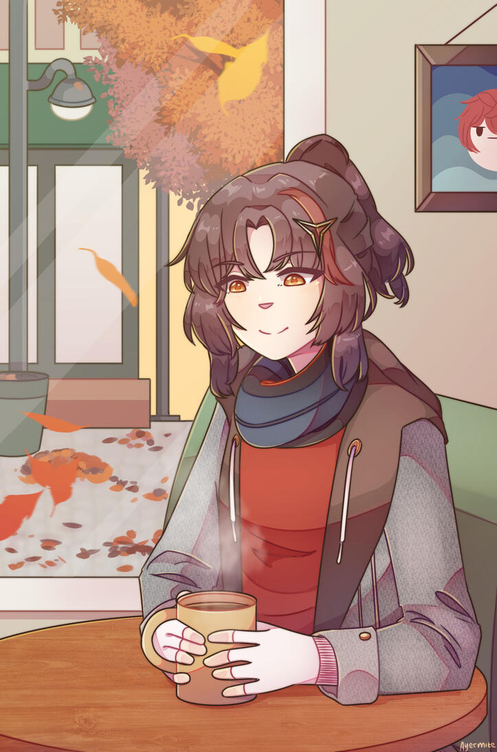 Adin from Epic Seven Illustration of Adin from Epic Seven enjoying a hot drink in a cafe during the autumn season.