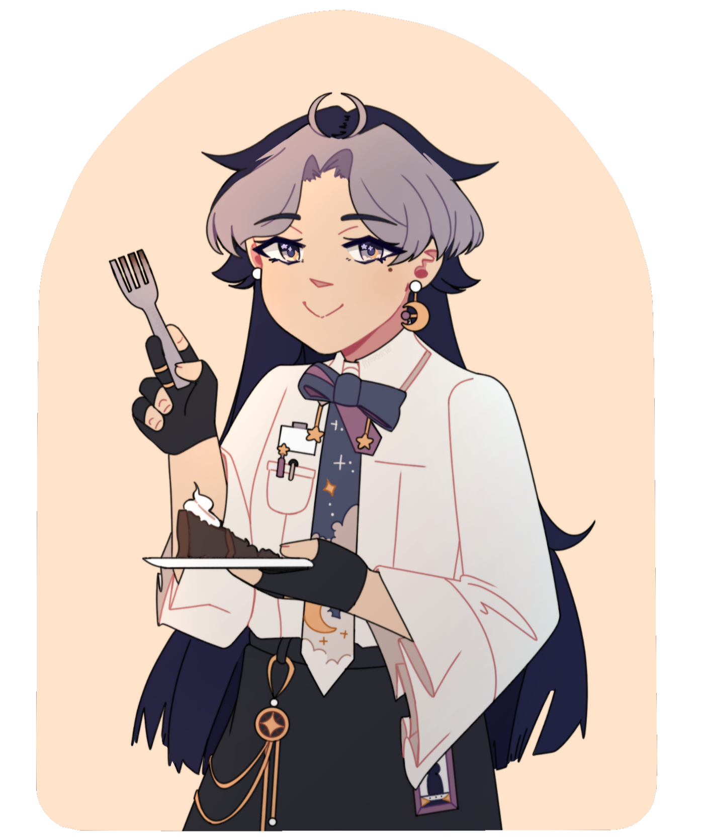 Illustration of Aya's persona enjoying a slice of chocolate cake.